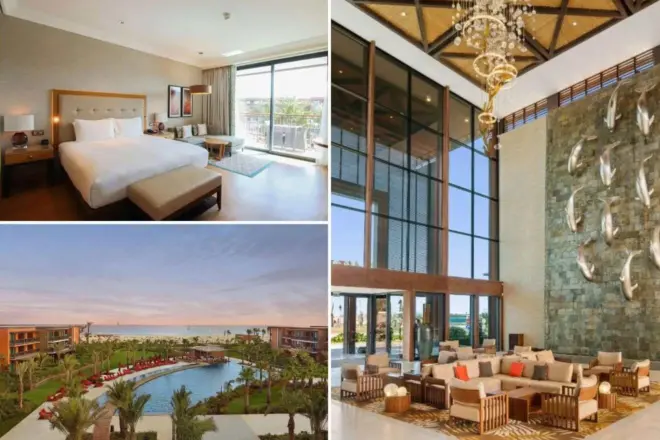 A collage of three hotel photos: a spacious room with a large bed and balcony access, a resort view with a large pool surrounded by palm trees, and a luxurious lobby with high ceilings, large windows, and elegant seating. 