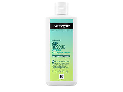 A bottle of Neutrogena Sun Rescue After Sun Replenishing Lotion with aloe vera and mint extract, offering 24-hour moisturization. The bottle contains 6.7 fl oz (198 ml) of product.