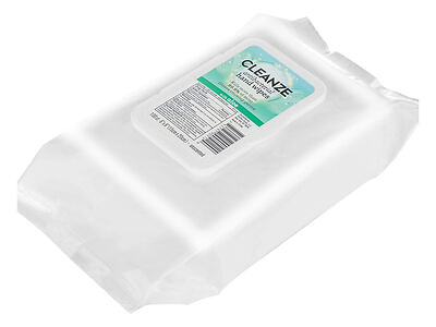 A package of Cleanze antibacterial wipes with a clear plastic container and label indicating 48 wipes per pack.