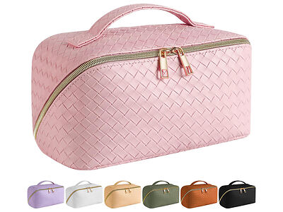 Image of a pink woven textured zippered makeup bag with a handle, displayed alongside six additional color options: white, purple, beige, green, brown, and black.