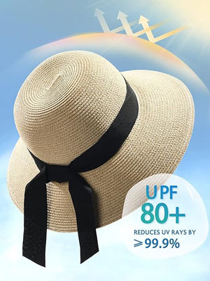 A woven beige sun hat with a black ribbon is shown against a blue sky background. The image text indicates "UPF 80+ reduces UV rays by >99.9%". Sun rays are illustrated in the background.