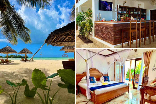 Collage of 3 pics of luxury stay in Zanzibar: a tropical beach with palm-frond umbrellas, a rustic bar with wooden stools, and an open room featuring a canopy bed and glass doors leading to an outdoor space.