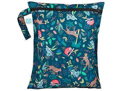 A blue patterned wet bag with illustrations of various animals, including koalas, sloths, and cheetahs, and a zippered closure at the top.