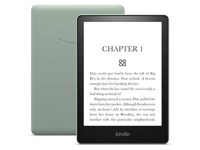 A Kindle e-reader displaying the beginning of Chapter 1 in a text, with a green protective cover placed behind it.