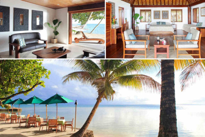 Collage of 3 pics of luxury stay in Fiji: a living area with leather furniture, a bedroom with ocean views, and outdoor dining under green umbrellas next to a calm beach with palm trees.