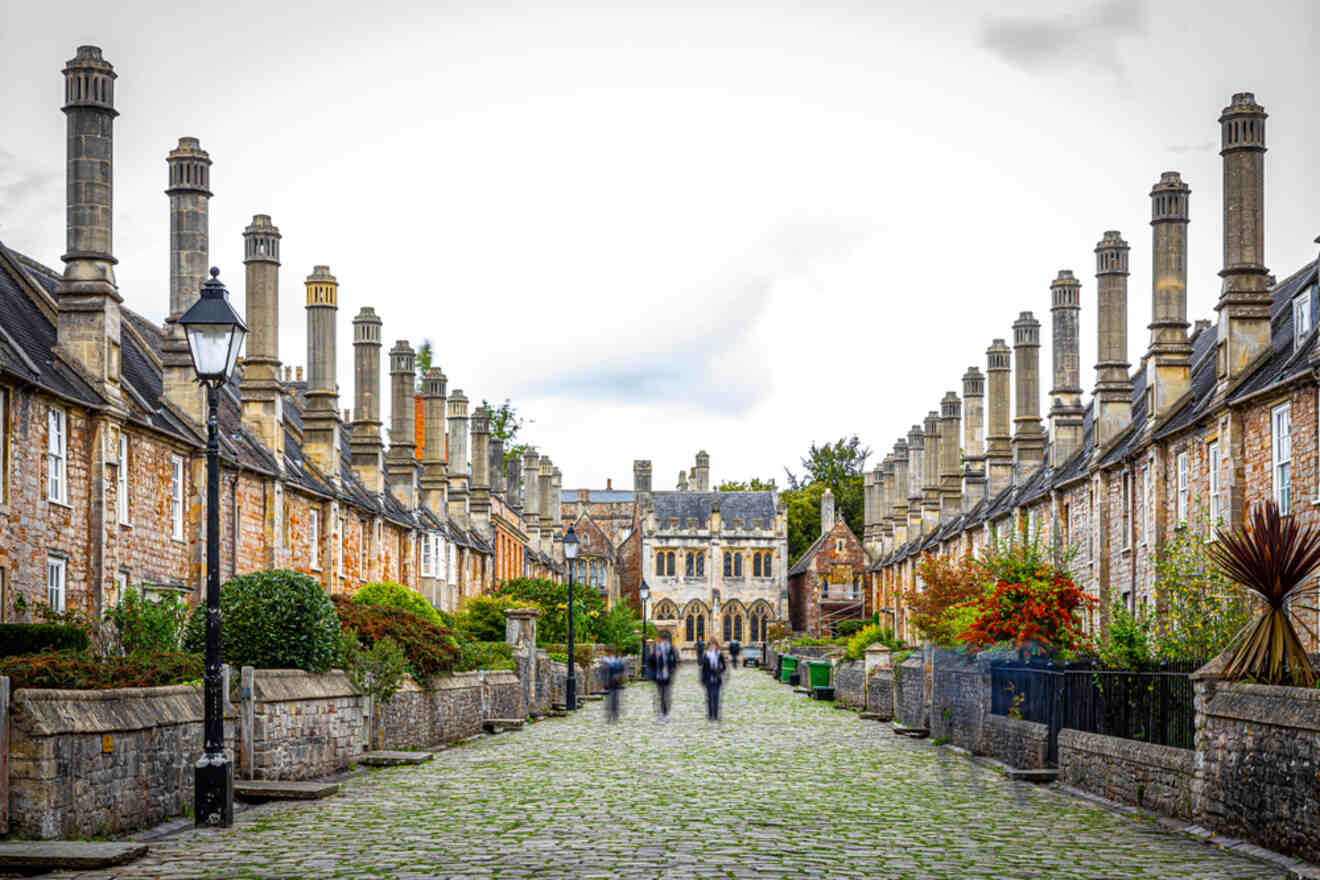 A cobblestone street lined with historic houses featuring tall chimneys, leading to an ornate building in the distance.