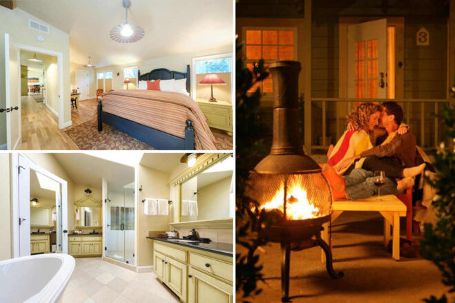 Collage of 3 pics of luxury stay in Napa Valley: a cozy bedroom with a double bed; a modern bathroom with a bathtub and shower; a couple sitting by a lit outdoor fireplace, wrapped in a blanket, sharing a moment.