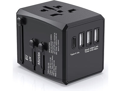 A black universal travel adapter featuring EU, UK, and USA/AUS plug options with USB and Type-C ports for charging multiple devices.