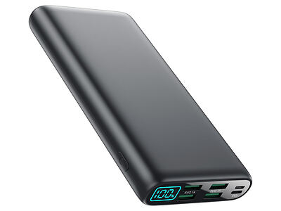A sleek, black power bank with a digital display showing "100" and multiple ports for charging devices.