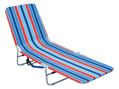 A foldable beach chair with an adjustable backrest and striped fabric in red, blue, and light blue.
