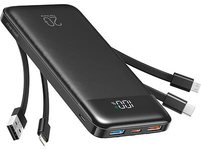 A black portable power bank with a digital display showing 100%, featuring multiple built-in charging cables including USB, Micro USB, and USB-C connectors.
