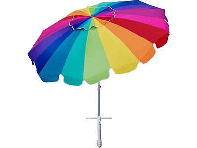 A colorful rainbow-patterned beach umbrella with a white pole and a screw base for securing in the sand.