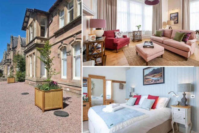 Collage of 3 pics of luxury hotel in Inverness: brick house exterior, living area with armchairs and sofa, bedroom with neatly made bed.