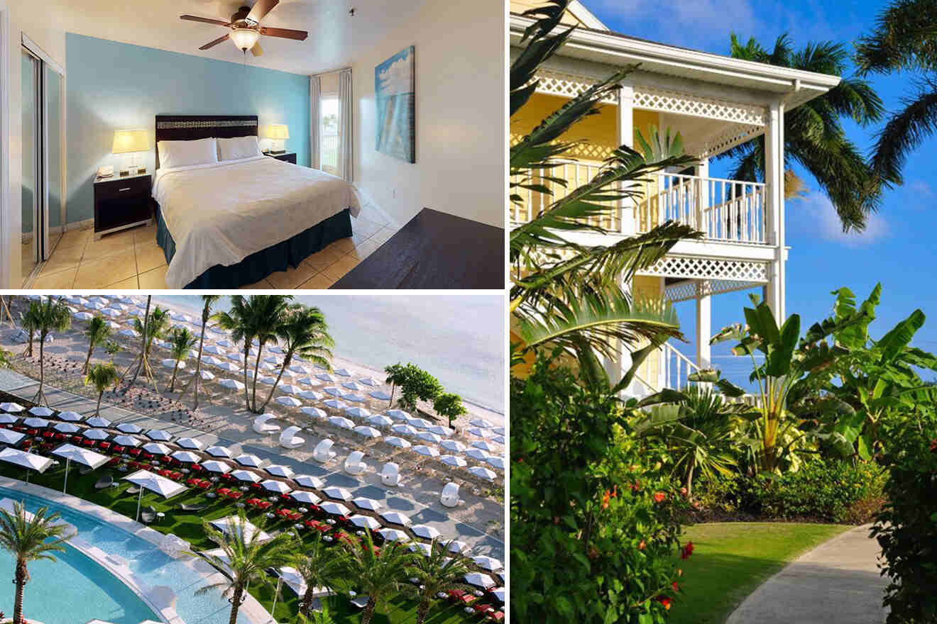 Collage of 3 pics of luxury hotels in -Grand-Cayman: a hotel room with a bed, an outdoor view of a beach with sun loungers and umbrellas, and a garden path leading to a white building with a balcony.