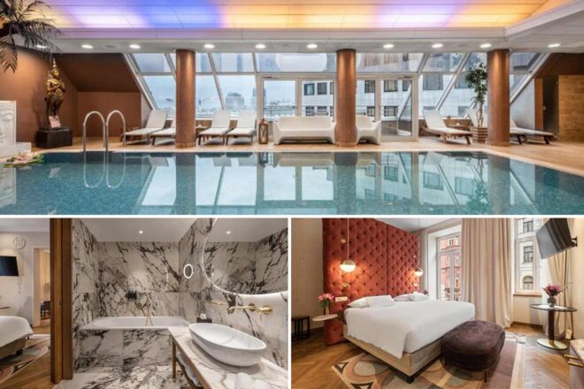 Collage of a luxury hotel featuring an indoor pool with lounge chairs, a modern bathroom with marble decor, and a stylish bedroom with a large bed and seating area.