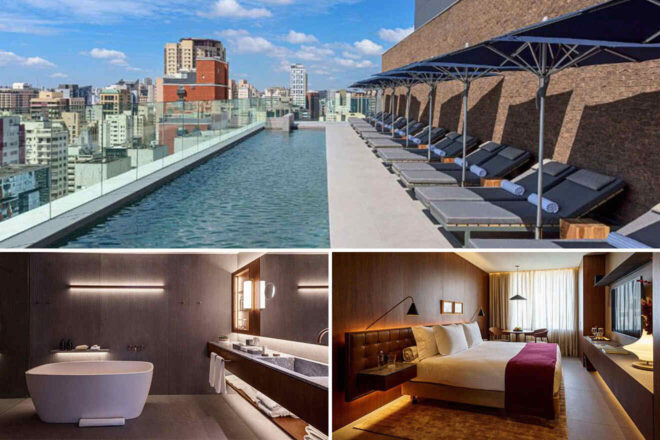 Collage of 3 pics of luxury hotel: a rooftop pool with city views, sun loungers under umbrellas, a spacious bathroom with a bathtub and double sinks, and a well-appointed bedroom with a king-sized bed.