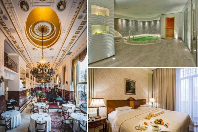 Collage of 3 pics of luxury hotel: an ornate dining area, an indoor spa with a hot tub, and a cozy bedroom featuring a double bed, breakfast tray, and large window.