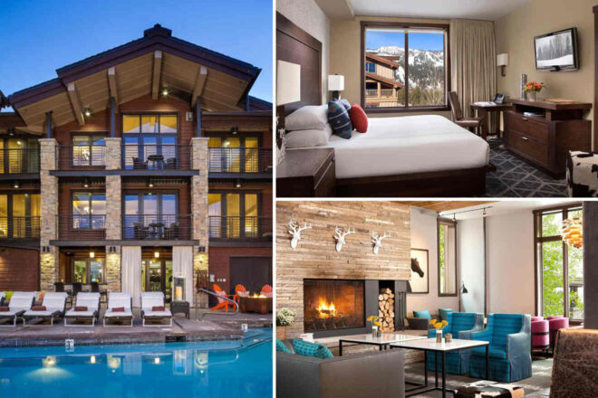 A collage showing a resort: left panel is an exterior view with a pool, top-right shows a bedroom with a mountain view, and bottom-right shows a lounge area with a fireplace and seating.