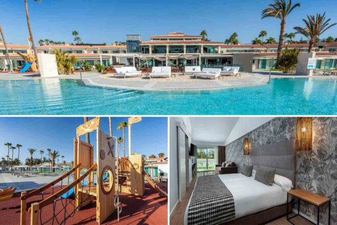 Collage of 3 pics of luxury Resort complex  in Maspalomas: a main poolside area, a children's play area with structures, and a modern hotel room with a large bed. Palm trees are present throughout the property.