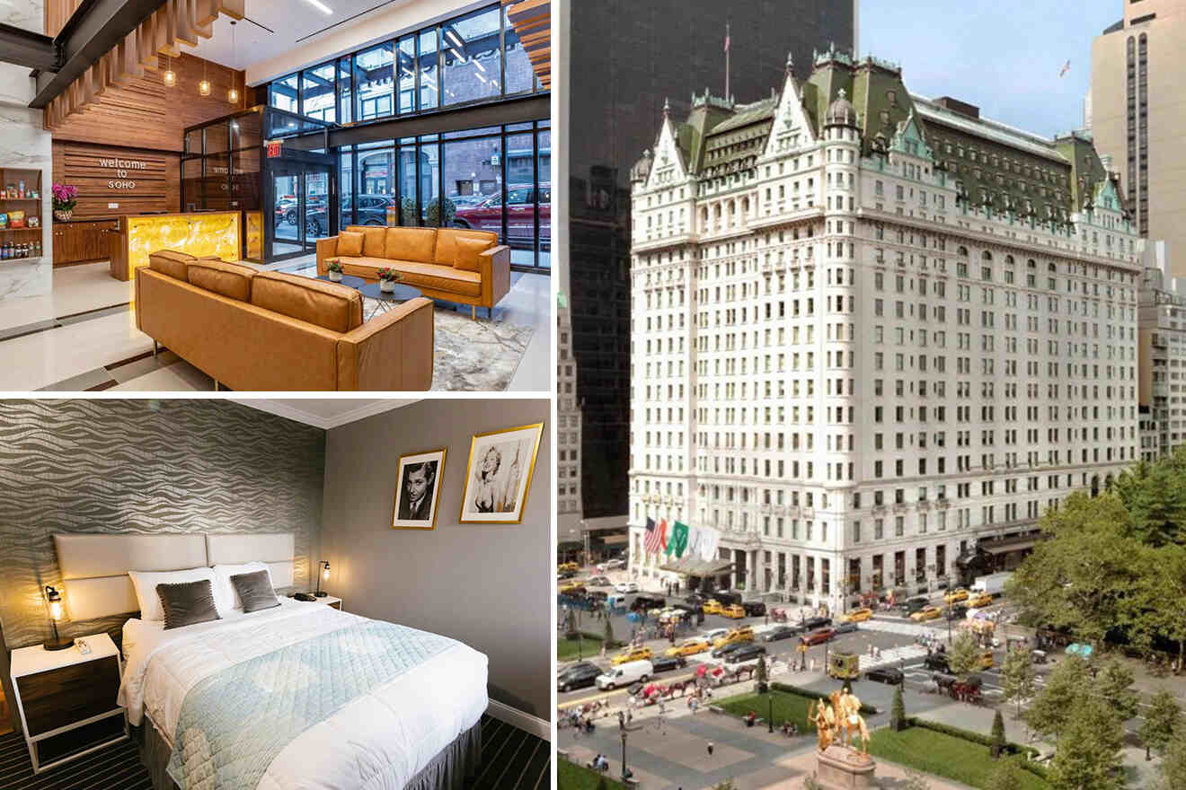 Collage of 3 pics of hotels in Lower Manhattan: a cozy hotel bedroom, and an exterior view of a large, historic hotel in a bustling city.