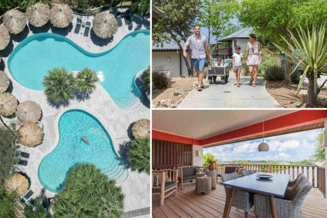 Collage of 3 pics of luxury hotel: an aerial view of two pools with cabanas, a family walking along a path, and a seating area with a view.
