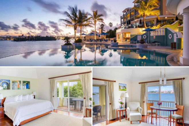 Collage of 3 pics of luxury hotel in Mount Pleasant Bermuda: a beachfront resort with a large pool at sunset is shown above, and below are images of a hotel room with a bed and another room with seating, both with ocean views.