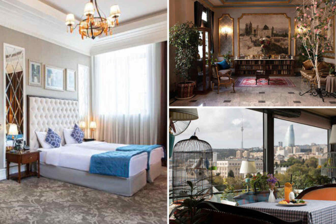 Collage of 3 pics of luxury hotel: a well-decorated hotel room, a cozy library area, and an outdoor dining space with a scenic cityscape view.