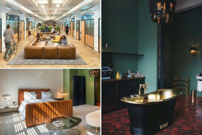 A collage of three hotel photos: a stylish co-working space with leather sofas and people working, a cozy room with a luxurious brown bed and modern decor, and a dark-themed bathroom with a vintage-style golden bathtub.