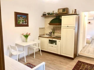 A compact kitchen area with white cabinetry, a small table with two chairs, and decorative items including a wall painting and vase with flowers. A partially visible adjacent room contains a bed.