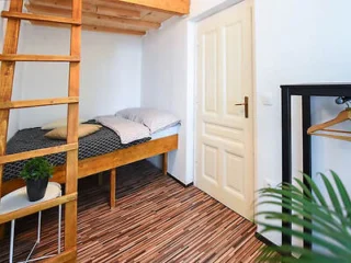 Small room with wooden loft ladder, bed, pillows, and blanket. White door to the right, below the loft. Potted plant on a small table. Striped wooden flooring. Hanger rack on the right.