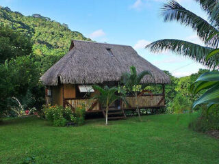 A charming thatched-roof bungalow surrounded by lush greenery and palm trees.