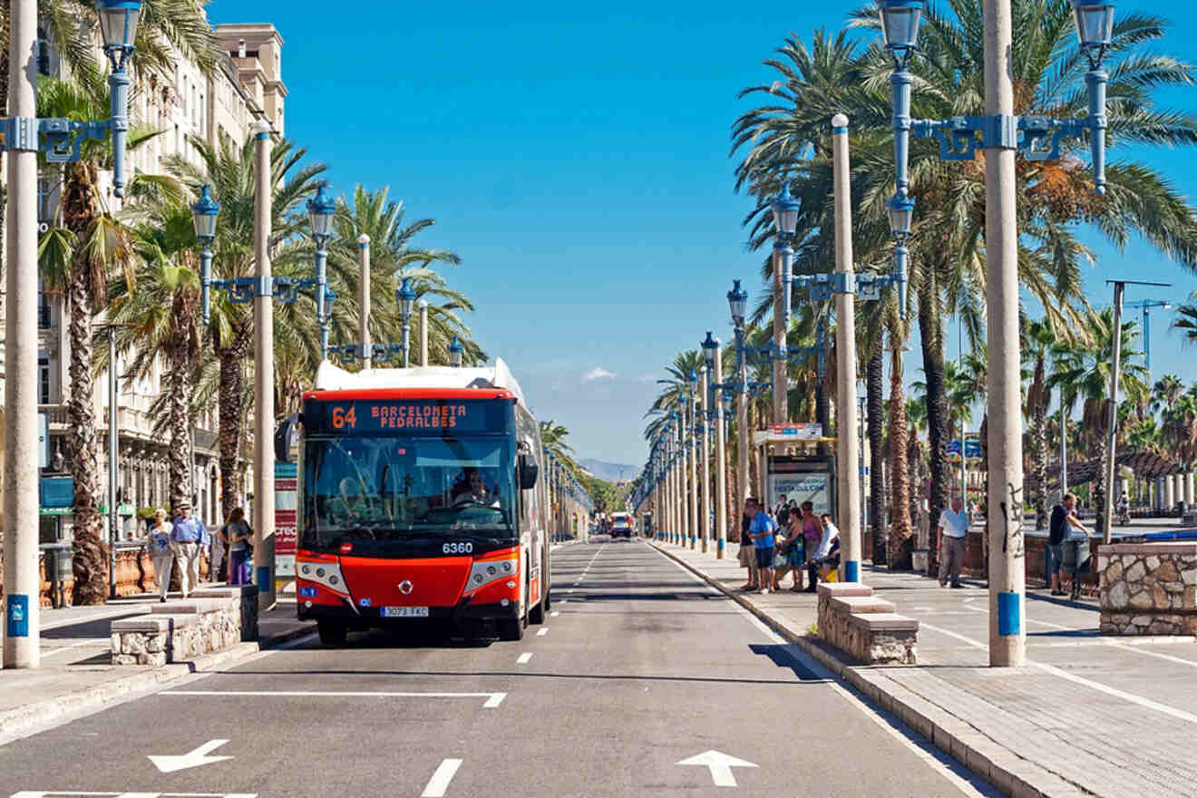 A red and white public bus labeled "64 Bordeureta Profans" drives down a palm tree-lined street on a sunny day, with pedestrians waiting at a bus stop and others walking along the sidewalk.