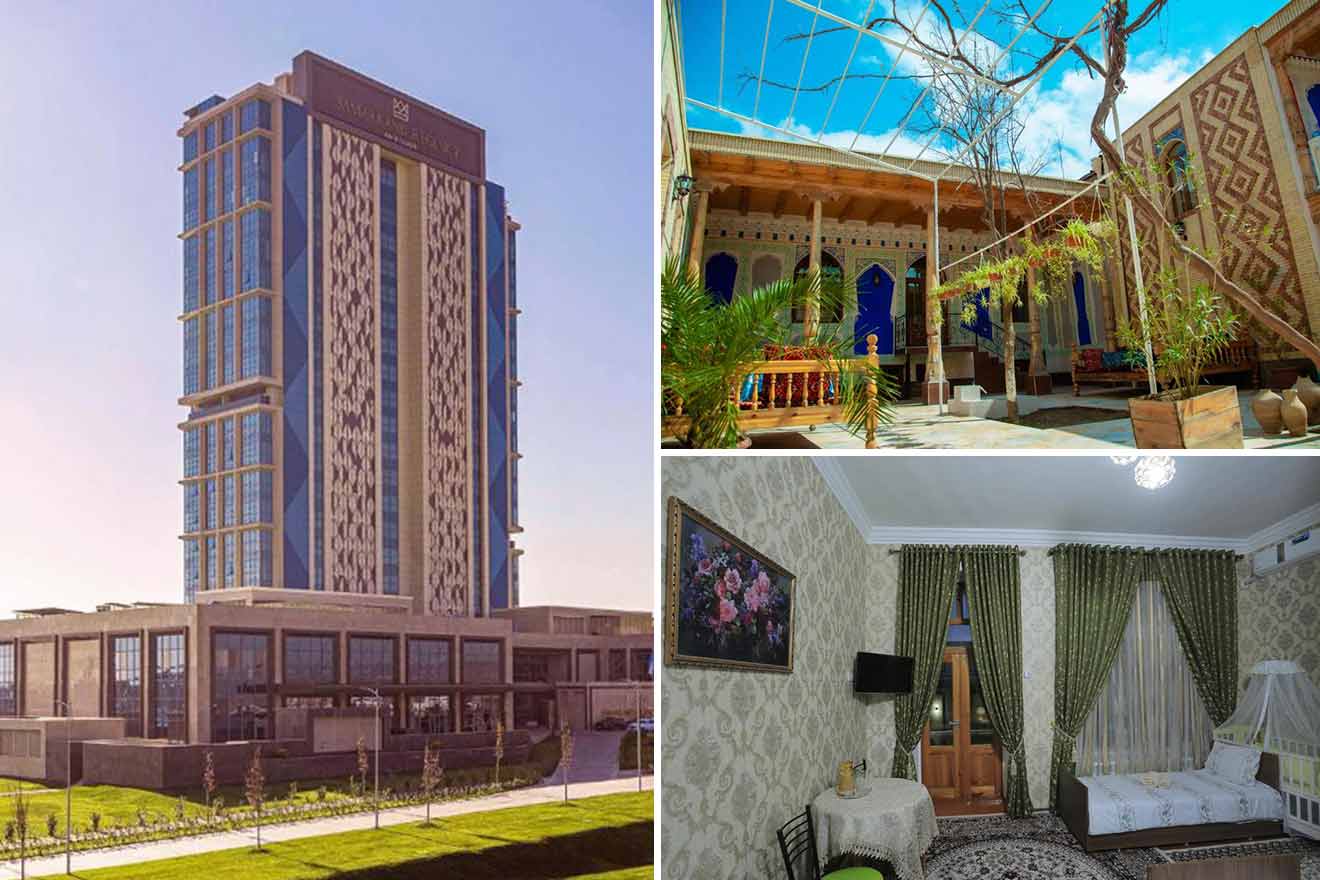 A collage of three images of hotel in Samarkand: a tall modern hotel building on the left, and a traditional courtyard with intricate patterns and a room with classic furnishings on the right.