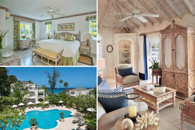 Collage of 3 pics of luxury hotel: a bright bedroom with a ceiling fan, a cozy living room with wooden furniture, and an outdoor view of a tropical pool surrounded by lush greenery and white buildings.