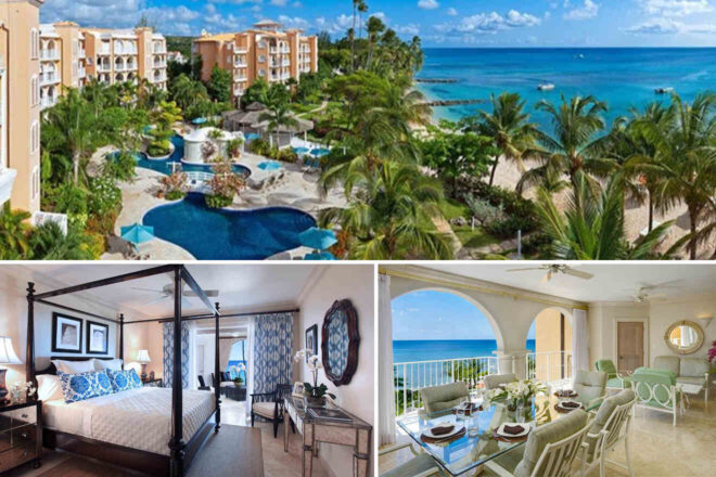 Collage of 3 pics of luxury hotel: a beachfront resort with pools, a bedroom with a canopy bed and a suite with living and dining area, and a balcony view of the ocean.