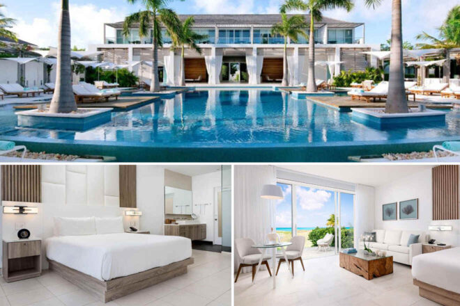 Collage of 3 pics of luxury stay in Turks and Caicos: a luxurious resort with a large outdoor pool surrounded by palm trees and sun loungers, along with interiors showing a modern bedroom and a sitting area with an ocean view.