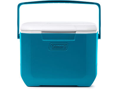 A blue Coleman cooler with a white lid and a blue handle, designed for keeping food and beverages cold.