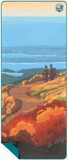 Illustrated image of two hikers on a scenic trail overlooking a landscape of hills, water, and distant mountains under a clear sky, with vibrant autumn foliage in the foreground.