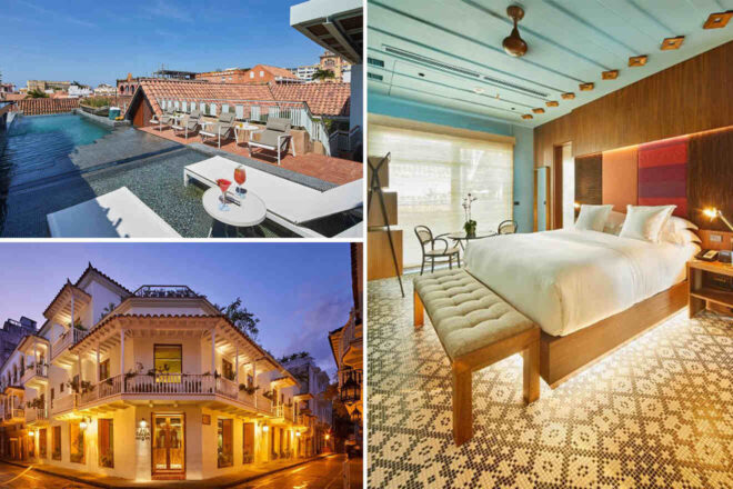 Collage of 3 pics of luxury stay in Cartagena: a luxury hotel features a rooftop pool and lounge, elegant bedroom with modern décor, and exterior views showcasing its architectural style with lit balconies.