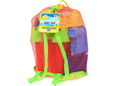A mesh bag containing colorful beach toys, including a red bucket, green and blue shovels, and sand molds. A tag labeled "Click N' Play Castle Mold Set" is attached to the bag.