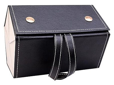 A black rectangular leather bag with white stitching, two gold button accents on the flap, and a double strap handle.