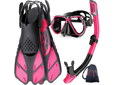 A set of pink and black snorkeling gear, including fins, mask, snorkel, and a mesh carrying bag.