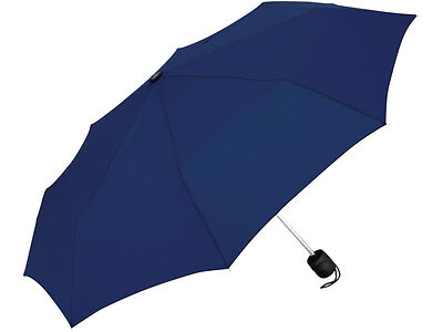 A navy blue umbrella with a black handle and silver pole, shown fully open against a white background.