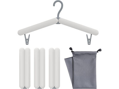 A gray hanger with white padded shoulders, two clips, four extra padding pieces, and a gray drawstring pouch.