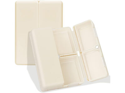 A set of three beige plastic containers shown opened and closed. They have two compartments each with a snap closure.