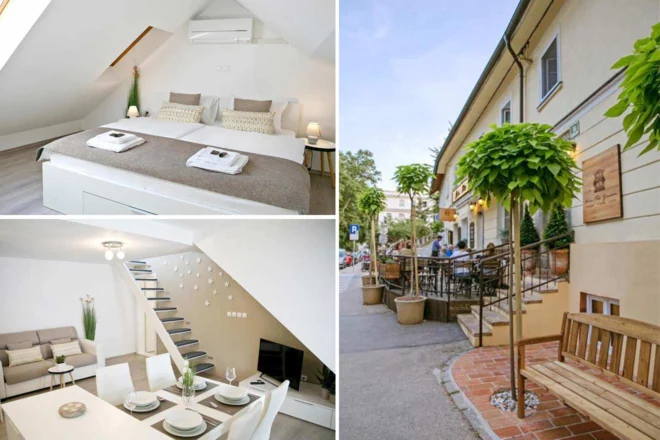 Collage of three images: an attic bedroom with a double bed, a modern living area with a dining table and stairs, and an outdoor cafe on a tree-lined street.