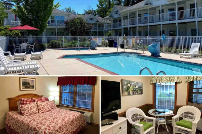 Collage of 3 pics of luxury hotel in Ephraim: an outdoor swimming pool with lounge chairs and a two-story building in the background, a hotel room with a bed and a sitting area with a TV.