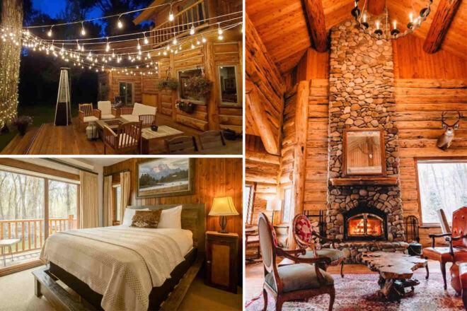 Three images of a rustic lodge: an outdoor deck with string lights and seating, a cozy indoor space with a fireplace and log furniture, and a bedroom with a wooden bed and balcony view.
