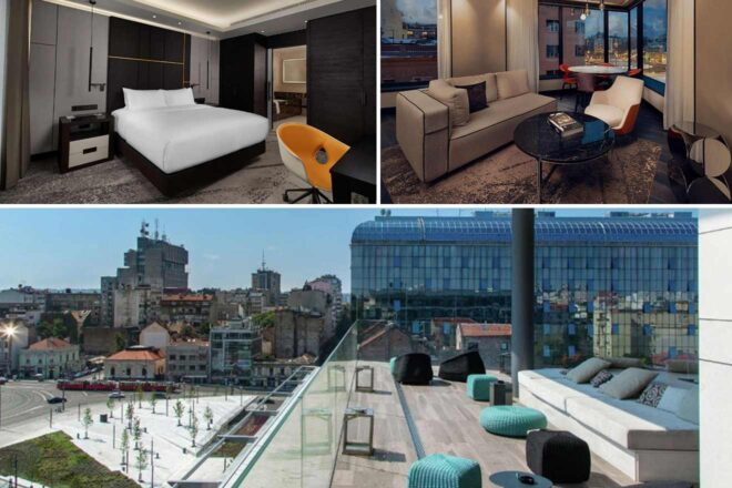 Collage of 3 pics of luxury hotel: a modern design, a separate living area with large windows, and an outdoor terrace featuring comfortable seating and city views.