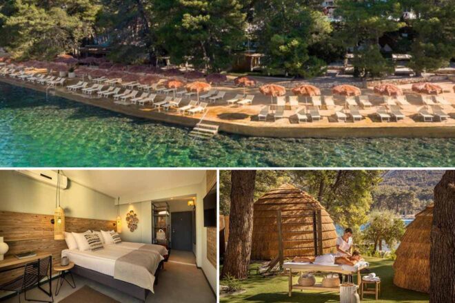 Collage of 3 pics of luxury hotel: a scenic view of a beach with lounge chairs and umbrellas, a modern hotel room with double beds, and an outdoor massage setup under huts among trees.